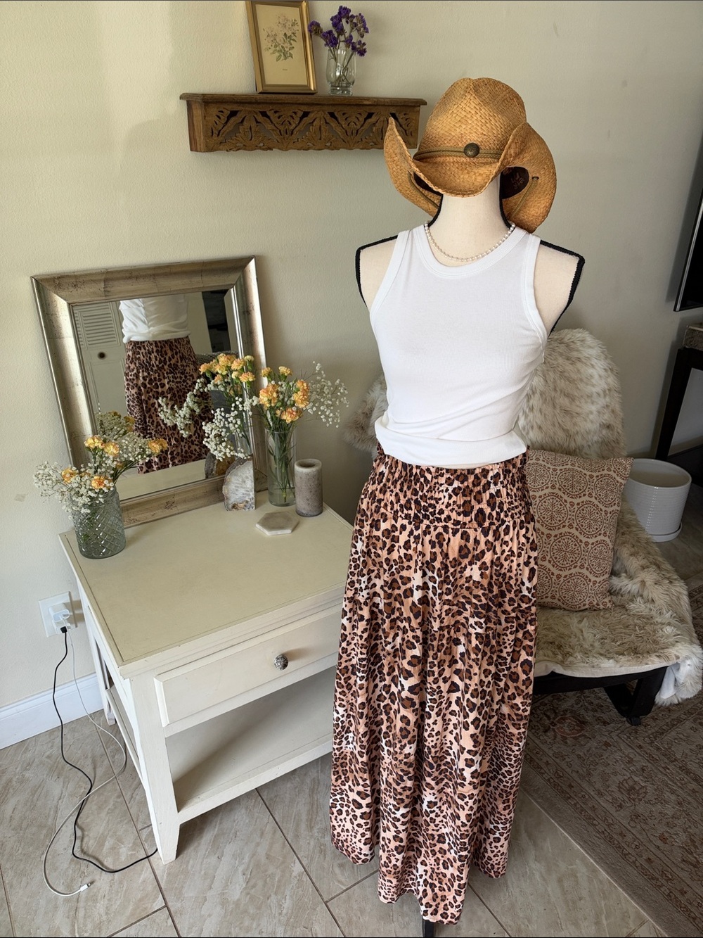 Paper heart pull on boho leopard print linen maxi skirt L